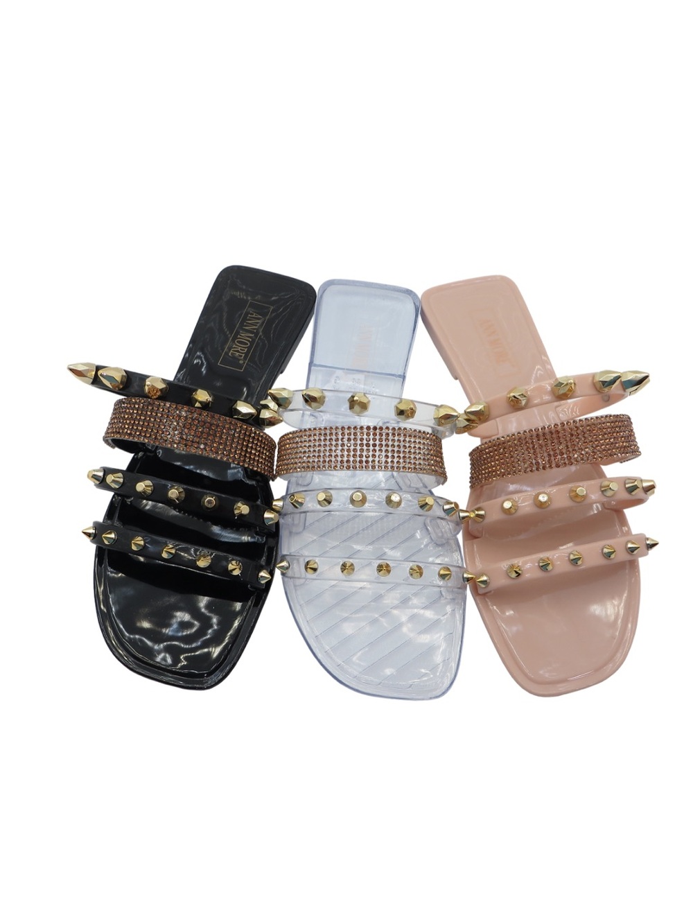 2 For $40
Studded Slide Sandals in Black, Clear, and Nude